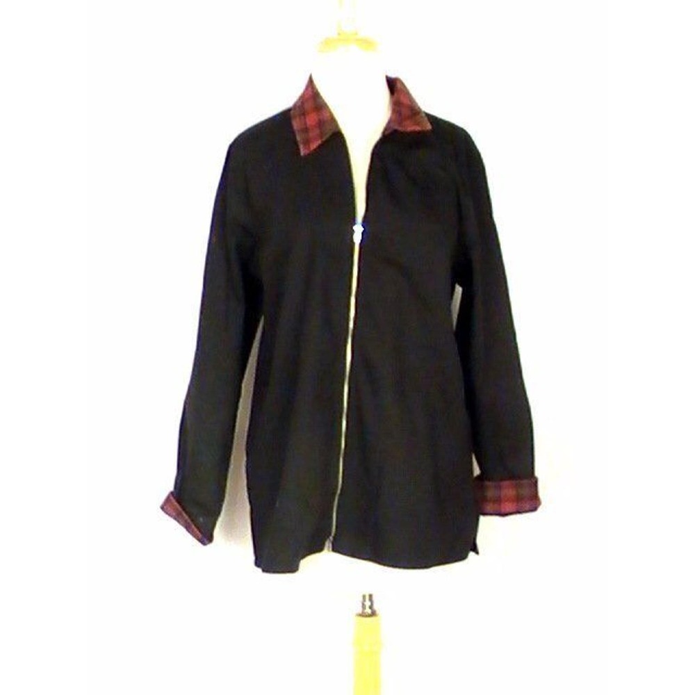 Denim & Co QVC Womens LS Zip Front Black Denim Jacket‎ Red Plaid Medium NWT